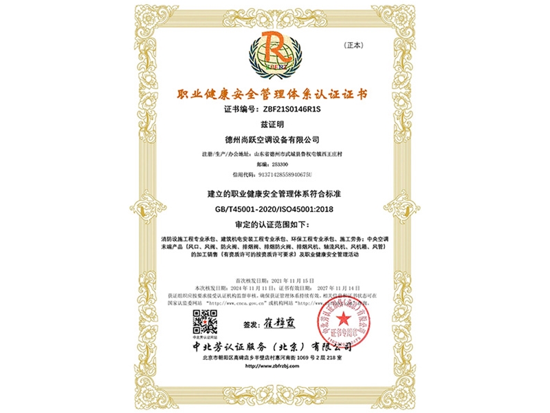 職業(yè)健康安全管理體系認證證書